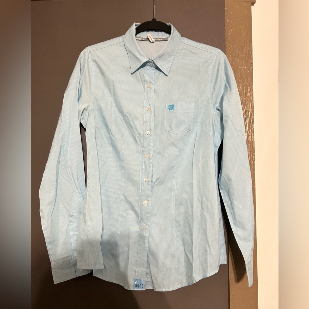 Women’s cinch pin stripe light blue button up large
